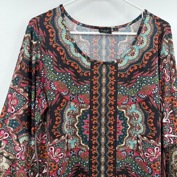 La Vanya Top Women 1X Multicolor Flare Sleeves Southwest Paisley Stretch Tunic - Picture 4 of 12